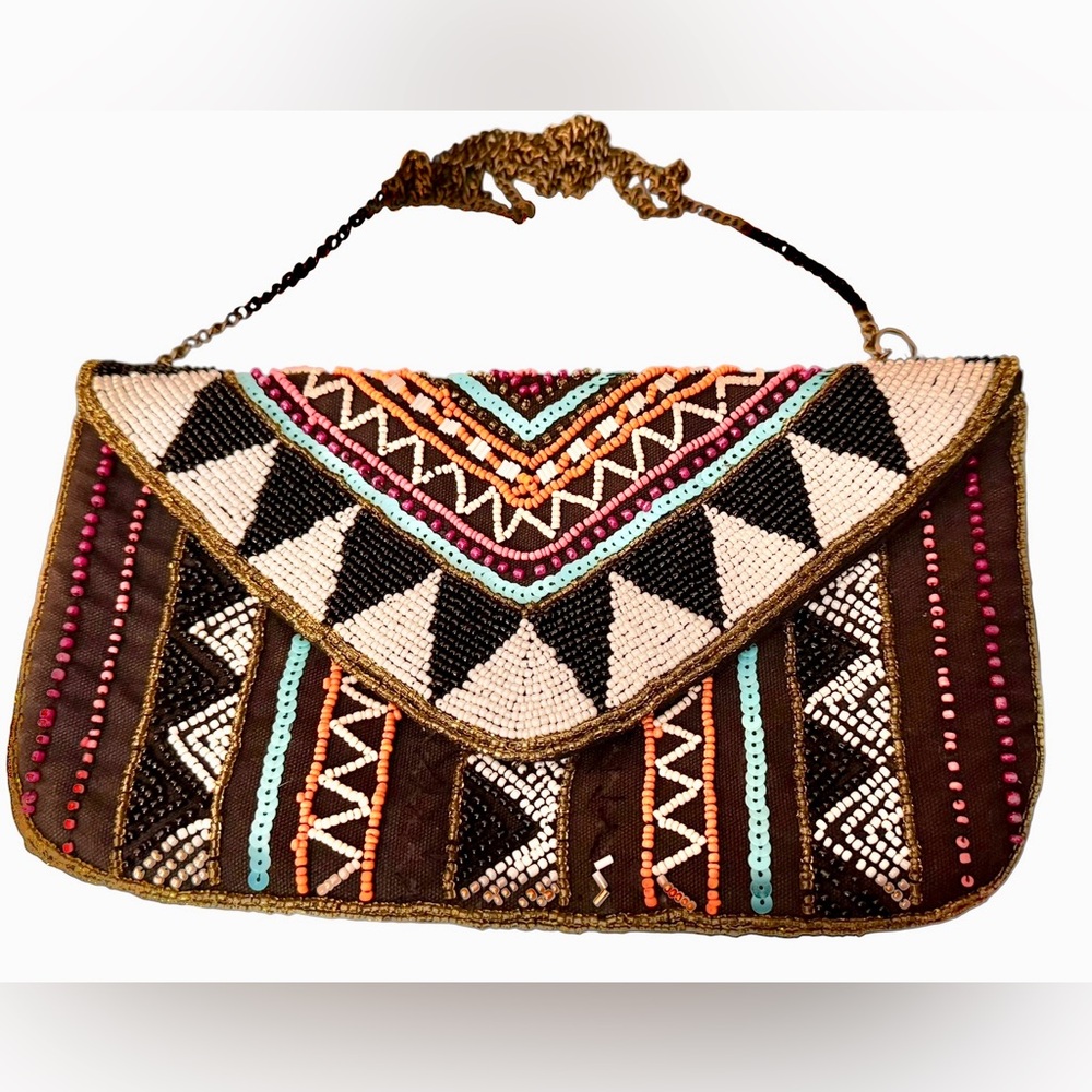 Aztec Beaded Clutch from Altar’d State - black with intricate beading, chain